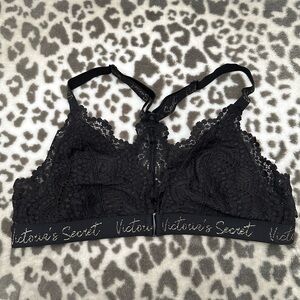Victoria’s Secret Logo Front Closure Lace Racerback Bralette in Black Medium